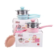 Bộ Nồi Chảo Vân Đá Seka SKV8 3 Chi Tiết Có Xửng Hấp - Chống Dính, Kích Thước 16cm, Phụ Kiện Chế Biến Thức Ăn Dặm Cho Trẻ.