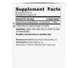 Siro Vitamin D3 Nordic Naturals Mỹ cho trẻ sơ sinh - Hỗ trợ phát triển xương và hệ miễn dịch, dạng lỏng, không mùi vị, 22.5ml