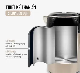 Ấm Đun Nước Siêu Tốc Nagakawa NAG0315 1.8 Lít - Công Suất 1800W, Thiết Kế Inox 304, Chống Cạn Nước, Đế Xoay 360 Độ, An Toàn Cho Gia Đình