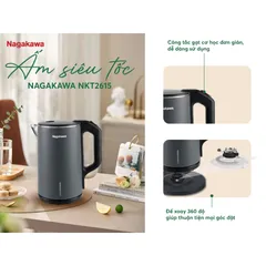 Ấm Siêu Tốc Nagakawa NKT2615 - Dung Tích 1.6L, Công Suất 1500W, Giữ Nhiệt, Tự Ngắt, Tiện Dụng Cho Gia Đình 3-4 Người