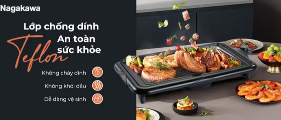 Bếp Nướng Điện Nagakawa NAG3105 2000W - Chống Dính Teflon, 5 Mức Nhiệt Độ, Tự Ngắt Quá Nhiệt - Thiết Kế Gọn Nhẹ, Tiện Lợi