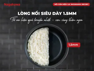 Nồi Cơm Điện Nagakawa NRC3811 1.5L - Thiết Kế Gọn Nhẹ, Nấu Cơm Ngon Cho Gia Đình 3-5 Người, Chức Năng Giữ Ấm, Dễ Dàng Sử Dụng