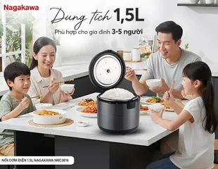 Nồi Cơm Điện Nagakawa NRC3818 1.5L - Công Suất 700W, Chống Dính Dày, Phù Hợp Gia Đình 3-5 Người, Nấu Cơm Chín Đều, Giữ Ấm 3D