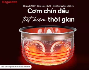 Nồi Cơm Điện Nagakawa NRC3818 1.5L - Công Suất 700W, Chống Dính Dày, Phù Hợp Gia Đình 3-5 Người, Nấu Cơm Chín Đều, Giữ Ấm 3D