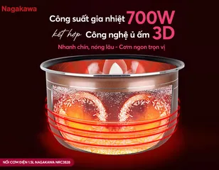 Nồi cơm điện Nagakawa NRC3828 1.5L 700W - Thiết kế nhỏ gọn, công nghệ ủ ấm 3D, phù hợp gia đình 3-5 người