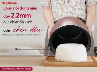 Nồi cơm điện Nagakawa NRC3828 1.5L 700W - Thiết kế nhỏ gọn, công nghệ ủ ấm 3D, phù hợp gia đình 3-5 người