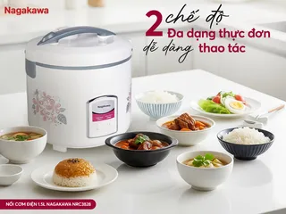 Nồi cơm điện Nagakawa NRC3828 1.5L 700W - Thiết kế nhỏ gọn, công nghệ ủ ấm 3D, phù hợp gia đình 3-5 người