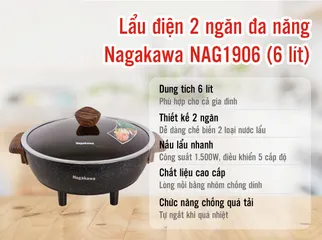 Nồi Lẩu Điện 2 Ngăn Nagakawa NAG1906 1500W - Đa Chức Năng Nấu Lẩu, Xào, Luộc Tiết Kiệm Thời Gian và Điện Năng