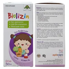 Biolizin Kẽm Zinc Lysine 50ml - Siro Bổ Sung Vitamin B6 Cho Bé Biếng Ăn, Tăng Cường Đề Kháng và Phát Triển Thể Chất