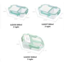 Hộp Thủy Tinh Chia Ngăn Lock&Lock 600ml, 860ml, 1040ml - Hộp Đựng Thức Ăn Chịu Nhiệt, Thiết Kế Đẹp Màu Mint, Sử Dụng Trong Lò Vi Sóng