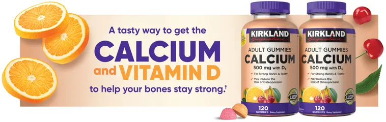 Kẹo dẻo bổ sung Canxi KIRKLAND 500mg với D3 - Hương vị cam và anh đào, hỗ trợ xương khỏe mạnh, 120 viên cho người lớn
