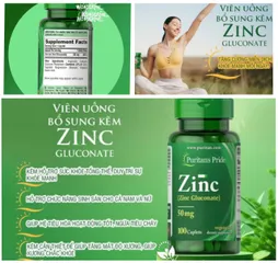 Viên kẽm Puritan's Pride Zinc Gluconate 50mg - Bổ sung miễn dịch và làm đẹp da, 100 viên, Mỹ