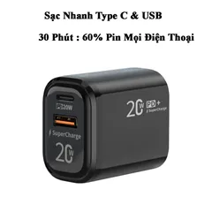 Củ Sạc Nhanh 2 Cổng Type C & USB 20W - Sạc Nhanh Cho iPhone, Samsung, LG, Huawei, Vivo, Oppo, Xiaomi - Thiết Kế Gọn Nhẹ, An Toàn