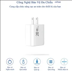 Củ Sạc Nhanh 2 Cổng Type C & USB 20W - Sạc Nhanh Cho iPhone, Samsung, LG, Huawei, Vivo, Oppo, Xiaomi - Thiết Kế Gọn Nhẹ, An Toàn