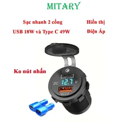 Tẩu Sạc Nhanh Ô Tô Xe Máy 2 Cổng USB Type C Chống Nước Chống Bụi Có Đèn LED Hiển Thị Điện Áp MITARY MTR010