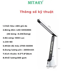 Đèn Bàn Học Chống Cận LED MITARY Tích Điện Với Đồng Hồ Vạn Niên, Đèn Ngủ & Chế Độ Điều Chỉnh Màu Sáng, An Toàn Cho Mắt