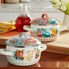 Set 2 Nồi Hầm Mini The Pioneer Woman Sweet Romance - Nồi Nướng Kiểu Hà Lan An Toàn, Dung Tích 1L, Thiết Kế Hoa Đẹp