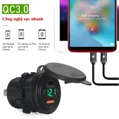 Tẩu Sạc Nhanh Ô Tô Xe Máy 2 Cổng USB & Type C - Có Đèn LED Hiển Thị Điện Áp - Sạc Nhanh Cho Điện Thoại, Máy Tính Bảng