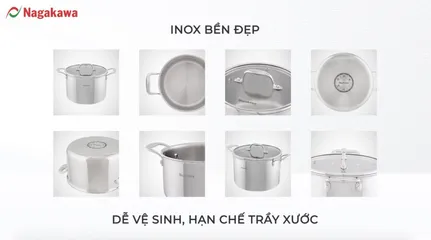 Bộ 3 Nồi Inox Nagakawa Haru NAG1355 (16cm, 20cm, 24cm) - Dùng Cho Bếp Từ, Bếp Gas, Bếp Hồng Ngoại, Chất Liệu Inox 304 Cao Cấp