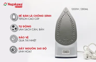Bàn là hơi nước Nagakawa NAG1505 1200W - Thiết kế hiện đại, cảm biến nhiệt, đa chức năng, 280ml, bảo hành 12 tháng