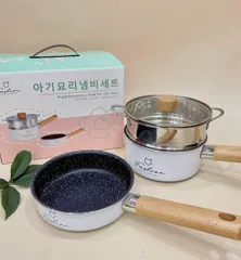 Bộ Nồi Chảo Hàn Quốc Fashion - Combo 4 Món Mạnh Mẽ Thích Hợp Nấu Ăn Cho Bé, Bao Gồm Quánh, Chảo, Xửng Hấp Inox 304