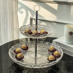 Khay Bánh 2 Tầng Pha Lê Mài Bohemia - Đĩa Thủ Công Sang Trọng 19cm & 31cm - Trang Trí Bàn Tiệc Hoàn Hảo
