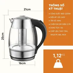 Ấm Siêu Tốc Thủy Tinh Cao Cấp 1,8L Lebenlang LBLB2226 (Model New) Kèm Lõi Lọc Trà, 2200W, Hàng Chính hãng