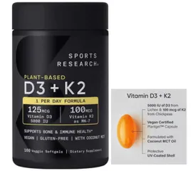 Viên uống bổ sung Vitamin D3 + K2 Plant-Based 160 viên hỗ trợ xương khớp, Vitamin D3 5000 IU và K2 MK-7, hàng Mỹ chất lượng cao