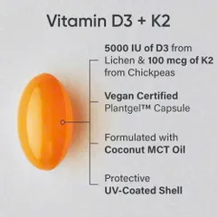 Viên uống bổ sung Vitamin D3 + K2 Plant-Based 160 viên hỗ trợ xương khớp, Vitamin D3 5000 IU và K2 MK-7, hàng Mỹ chất lượng cao