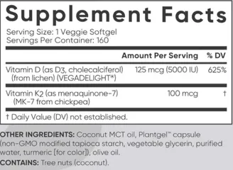 Viên uống bổ sung Vitamin D3 + K2 Plant-Based 160 viên hỗ trợ xương khớp, Vitamin D3 5000 IU và K2 MK-7, hàng Mỹ chất lượng cao