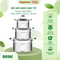 Bộ Nồi Inox 5 Đáy Nagakawa Fuyu NAG1354 - Bộ 3 Nồi Cao Cấp 16-20-24cm, Chất Liệu Inox 304 Bền Đẹp, Dùng Được Với Máy Rửa Bát