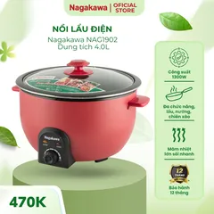 Nồi Lẩu Điện Nagakawa NAG1902 - 4L, 1300W, Thiết Kế Sang Trọng, Đa Chức Năng, Nắp Kính Chịu Nhiệt, Hàng Chính Hãng