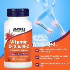 Viên Bổ Sung Vitamin D3 & K2 Now 120 Viên - Hỗ Trợ Xương Khớp Chắc Khỏe, Ngừa Loãng Xương, Nhập Mỹ