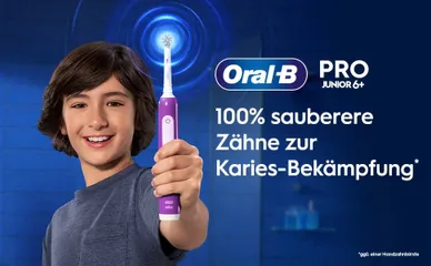 Bàn chải đánh răng điện Oral-B Pro Junior 6+ màu hồng tím - Bảo vệ nướu, 3 chương trình làm sạch, công nghệ sạc tiện lợi