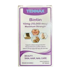 Viên Uống Biotin Tennax 10mg - Hỗ Trợ Đẹp Da, Tóc và Móng, Giải Quyết Rụng Tóc - Hộp 60 Viên Mỹ Quốc tế