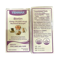 Viên Uống Biotin Tennax 10mg - Hỗ Trợ Đẹp Da, Tóc và Móng, Giải Quyết Rụng Tóc - Hộp 60 Viên Mỹ Quốc tế