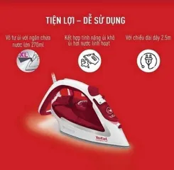 Bàn ủi hơi nước Tefal FV5717EO Easygliss Plus - Công suất 2500W, Đế Durilium AirGlide, Hơi nước tự động, Màu đỏ trắng