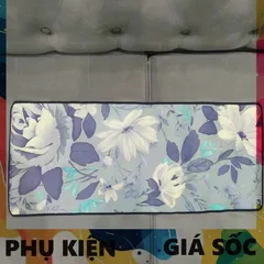 Tấm Lót Bàn Làm Việc Hoa Trắng Xanh Xám 70x30cm - Chống Nước, Chống Trầy, Dày 3mm - Phụ Kiện Máy Tính Chuyên Dụng