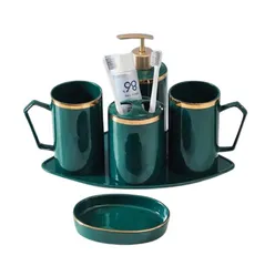 Bộ Đồ Dùng Nhà Tắm Bằng Sứ Xanh Viền Vàng - Bộ 6 Chi Tiết Sang Trọng Cho Phòng Tắm Thanh Lịch, Thiết Kế Thông Minh