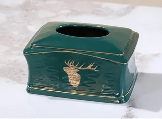 Hộp Đựng Khăn Giấy Gốm Sứ Xanh Ngọc Họa Tiết Nai Sừng Tấm - Phong Cách Bắc Âu Sang Trọng Cho Trang Trí Nhà Cửa