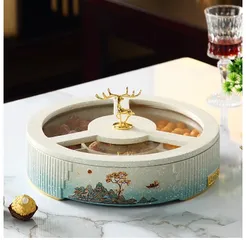 Khay tròn đựng bánh kẹo, mứt Tết nhiều ngăn họa tiết hươu - Trang trí sang trọng cho bàn phòng khách gia đình
