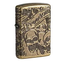 Bật Lửa Zippo Armor Freedom Skull Antique Brass 49035 - Họa Tiết Skull Khắc Sắc Nét, Chất Liệu Đồng Thau Nguyên Khối, Quà Tặng Thú Vị