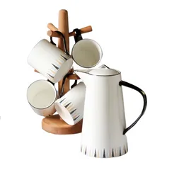 Bộ Ấm Chén Sứ Trắng Họa Tiết Tam Giác - Sang Trọng Kèm Giá Treo Gỗ, Dung Tích 1100ml Chất Lượng Cao, Quà Tặng Ý Nghĩa