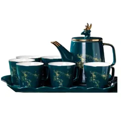 Bộ Ấm Chén Sứ Xanh Cao Cấp Họa Tiết Tuần Lộc - Sang Trọng, Lịch Sự, Quà Tặng Hoàn Hảo cho Gia Đình