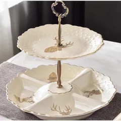 Khay Gốm Sứ 2 Tầng Đựng Bánh Kẹo Họa Tiết Hươu Sang Trọng - Trang Trí Phòng Khách Hải Sản Chất Lượng