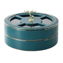 Khay Đựng Bánh Kẹo Sứ Xanh Viền Vàng  Họa Tiết Hươu Bắc Âu Cao Cấp - Sang Trọng Cho Bàn Tiệc Gia Đình