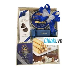Giỏ Quà Tết KR06DN Sang Trọng - Khay Gỗ Cùng Bánh Quy, Cà Phê & Socola - Quà Tặng Năm Mới Ý Nghĩa
