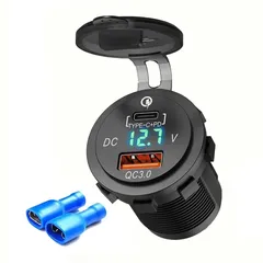Tẩu Sạc Nhanh Ô Tô Xe Máy 2 Cổng USB Type C Chống Nước Chống Bụi Có Đèn LED Hiển Thị Điện Áp MITARY MTR010