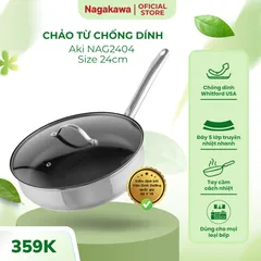 Chảo Chống Dính Inox Đa Lớp Nagakawa Aki NAG2404 (24cm) - Dùng Được Trên Mọi Loại Bếp, Vung Kính Chịu Nhiệt, An Toàn Cho Sức Khỏe
