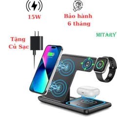 Đế Sạc Không Dây 3 Trong 1 Gấp Gọn Cho iPhone, Samsung, AirPods & Apple Watch - Công Suất 15W, Tiện Dụng Cho Mọi Thiết Bị